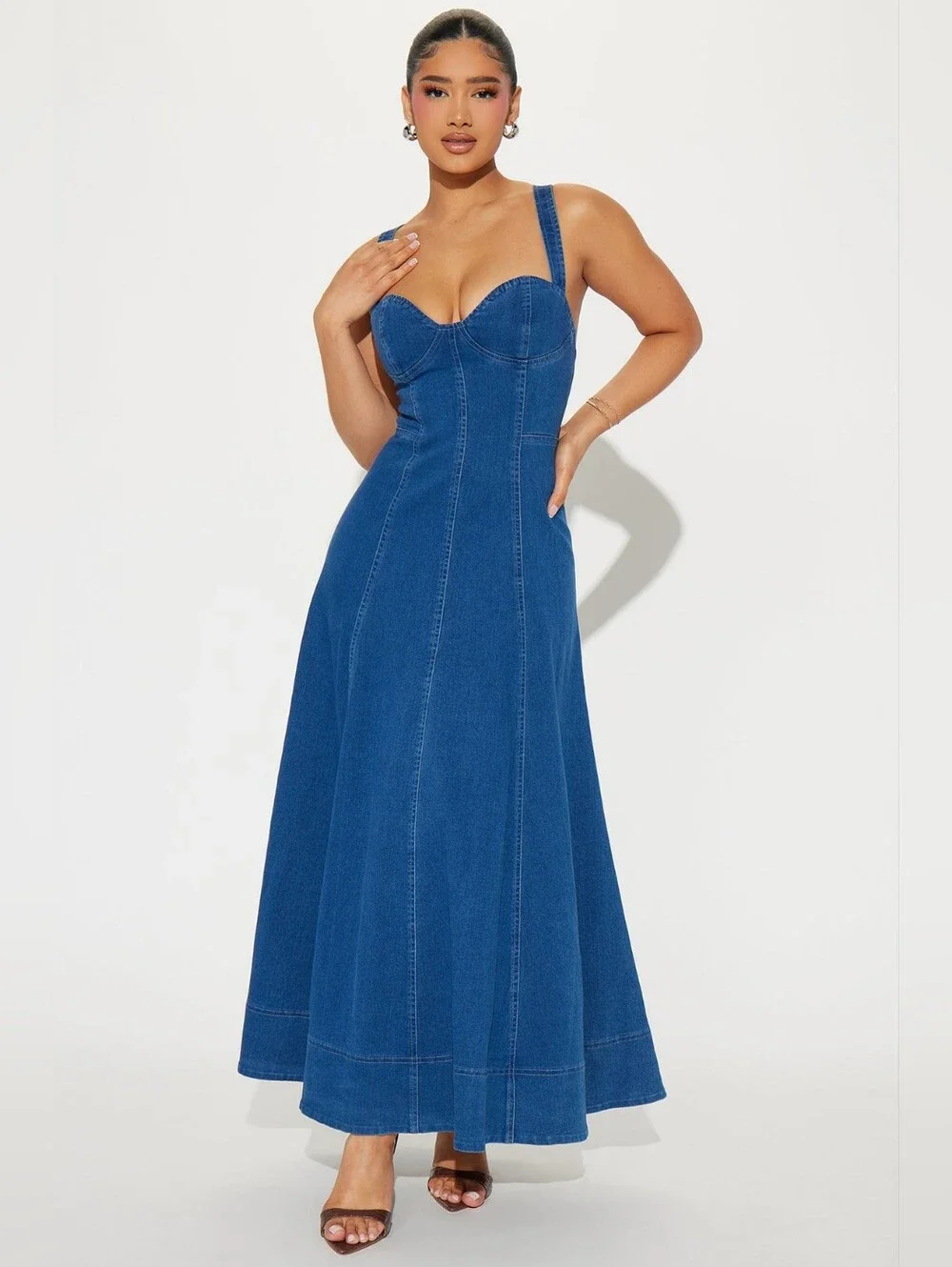 Fashion Nova GIDDY UP Denim Midi Maxi Dress SZ LG - Picture 1 of 9